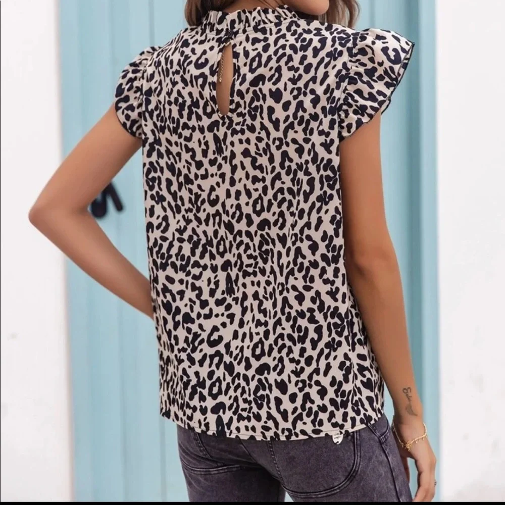 Boho leopard print mock neck blouse